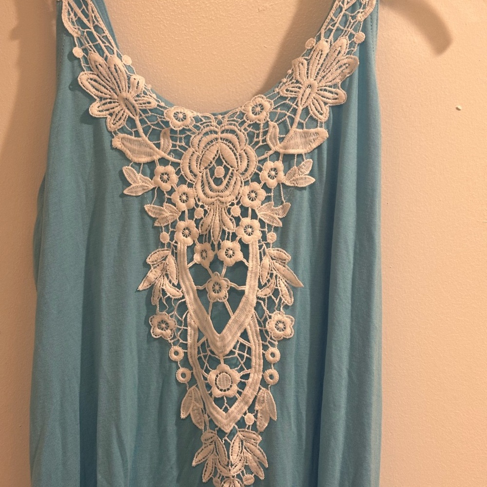 Blue Dress with White Lace Detail